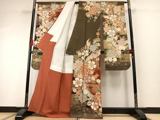 平和屋着物●豪華振袖・長襦袢(無双仕立て)セット 草花文 暈し染め 金彩 半衿刺繍 正絹 逸品 AABG4652fy