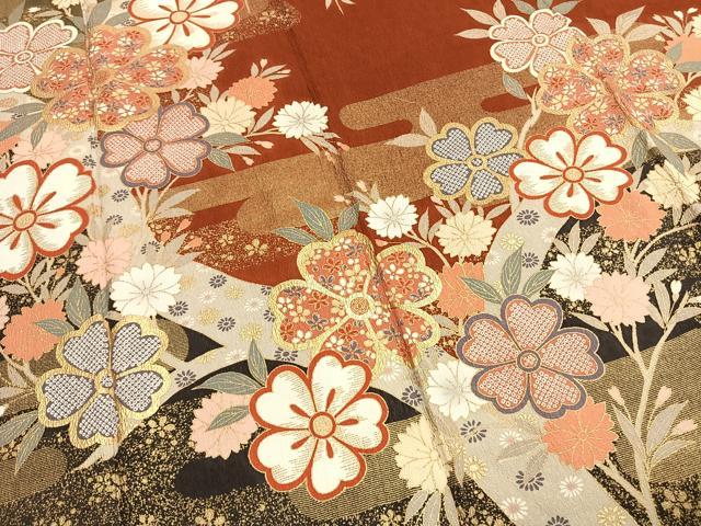 平和屋着物●豪華振袖・長襦袢(無双仕立て)セット 草花文 暈し染め 金彩 半衿刺繍 正絹 逸品 AABG4652fy