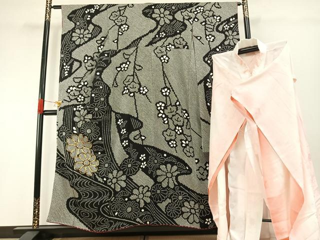 平和屋着物●豪華振袖・長襦袢(無双仕立て)セット 駒刺繍 総絞り 舞花文 黒地 半衿刺繍 正絹 逸品 AABG4653fy