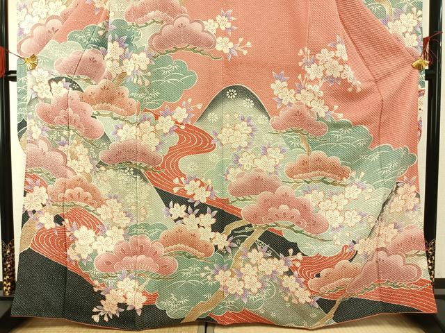 平和屋着物●名門 藤娘きぬたや・総絞り(杢目絞り) 振袖 松竹梅 正絹 逸品 AABG4662fy