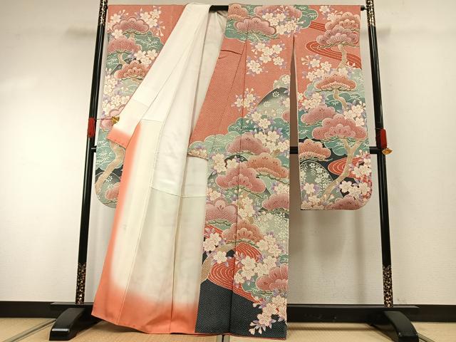 平和屋着物●名門 藤娘きぬたや・総絞り(杢目絞り) 振袖 松竹梅 正絹 逸品 AABG4662fy
