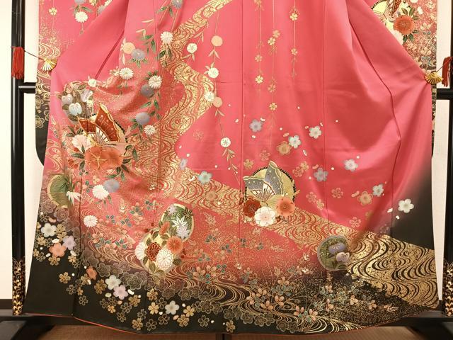 平和屋着物●豪華振袖 駒刺繍 花蝶文 暈し染め 金銀彩 正絹 逸品 AABG4666fy