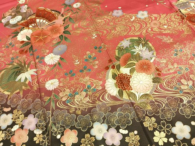 平和屋着物●豪華振袖 駒刺繍 花蝶文 暈し染め 金銀彩 正絹 逸品 AABG4666fy