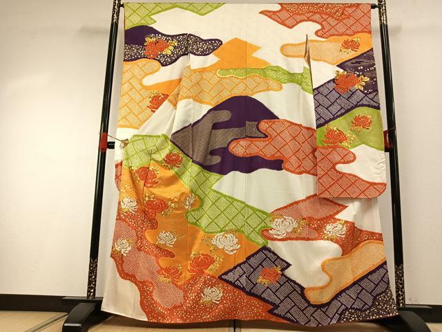 平和屋着物●豪華振袖 駒刺繍 絞り 草花文 金彩 正絹 逸品 AABG4669fy