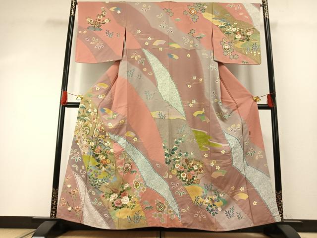平和屋着物●訪問着 友禅 作家物 駒刺繍 源氏車花楽器文 金彩 正絹 逸品 未使用 AABG4680fy