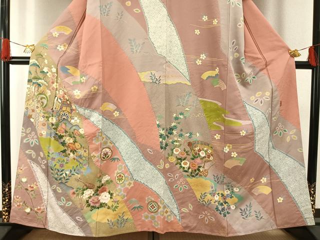 平和屋着物●訪問着 友禅 作家物 駒刺繍 源氏車花楽器文 金彩 正絹 逸品 未使用 AABG4680fy