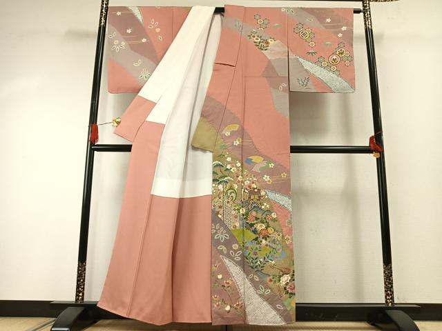 平和屋着物●訪問着 友禅 作家物 駒刺繍 源氏車花楽器文 金彩 正絹 逸品 未使用 AABG4680fy