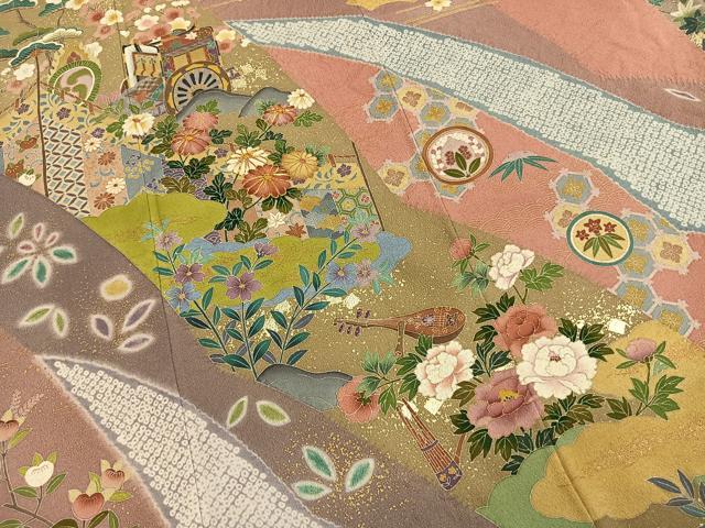 平和屋着物●訪問着 友禅 作家物 駒刺繍 源氏車花楽器文 金彩 正絹 逸品 未使用 AABG4680fy