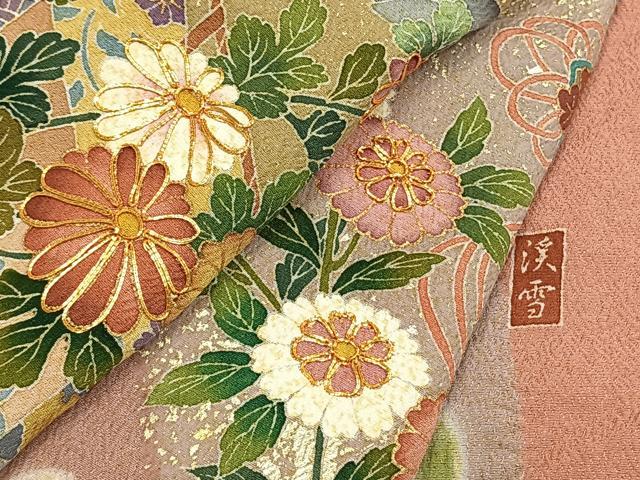 平和屋着物●訪問着 友禅 作家物 駒刺繍 源氏車花楽器文 金彩 正絹 逸品 未使用 AABG4680fy