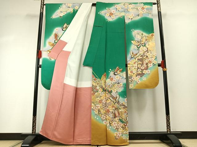 平和屋着物●豪華振袖 駒刺繍 御所車舞蝶花鳥文 暈し染め 金銀彩 銀通し地 正絹 逸品 AABG4697fy