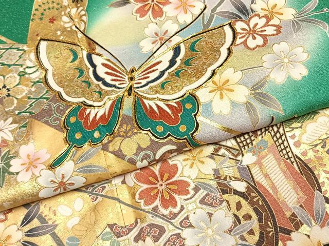平和屋着物●豪華振袖 駒刺繍 御所車舞蝶花鳥文 暈し染め 金銀彩 銀通し地 正絹 逸品 AABG4697fy