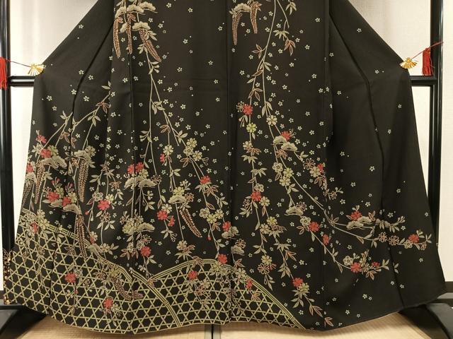平和屋着物●訪問着 松竹梅 黒地 正絹 逸品 AABG4699fy