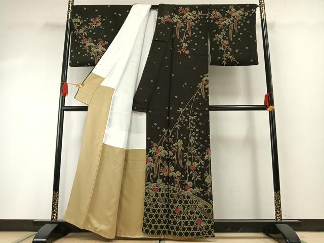 平和屋着物●訪問着 松竹梅 黒地 正絹 逸品 AABG4699fy