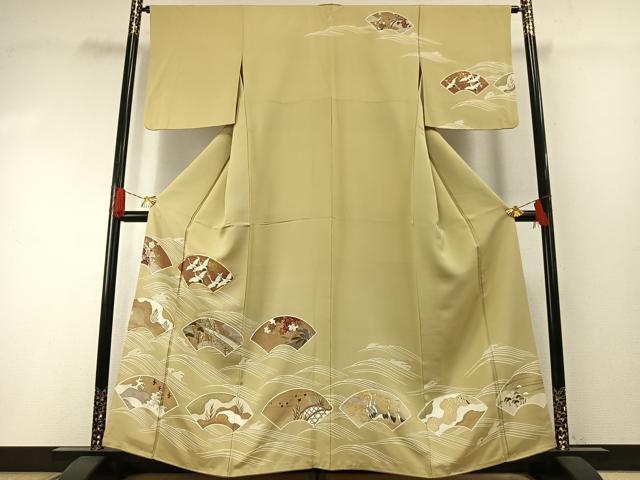 平和屋着物●訪問着 友禅 駒刺繍 地紙飛鳥文 金彩 正絹 逸品 AABG4701fy