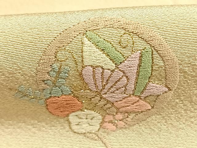 平和屋着物●上質な小紋 総刺繍 花蝶文 浅黄色 金糸 正絹 逸品 AABG4704fy