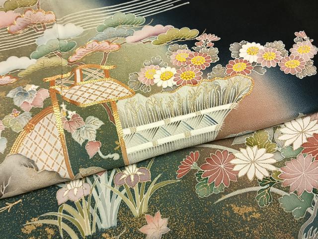 平和屋着物●京友禅の第一人者 松井青々 黒留袖 駒刺繍 風景花文 暈し染め 金彩 正絹 逸品 AABG4705fy