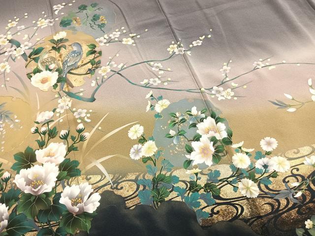 平和屋着物●訪問着 手描き 雪輪花鳥文 暈し染め 金銀彩 正絹 逸品 AABG4708fy