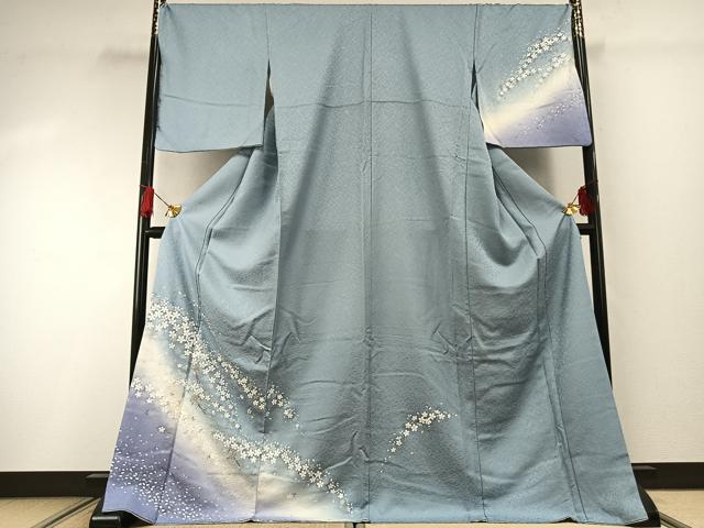 平和屋着物●訪問着 舞桜文 水色 暈し染め 銀彩 やまと誂製 ロング丈 正絹 逸品 AABG4723fy