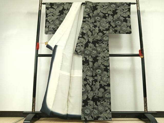 平和屋着物●上質な小紋 絞り 草花文 黒地 正絹 逸品 AABG4734fy