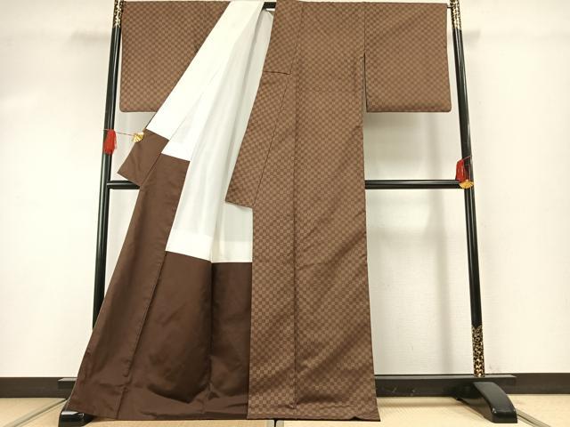 平和屋着物●石川県指定無形文化財 牛首紬 白山工房 手織り 市松文様 正絹 逸品 AABG4735fy