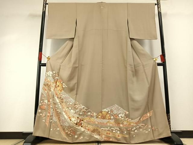 平和屋着物●豪華色留袖 友禅 駒刺繍 熨斗花文 金彩 正絹 逸品 AABG4746fy