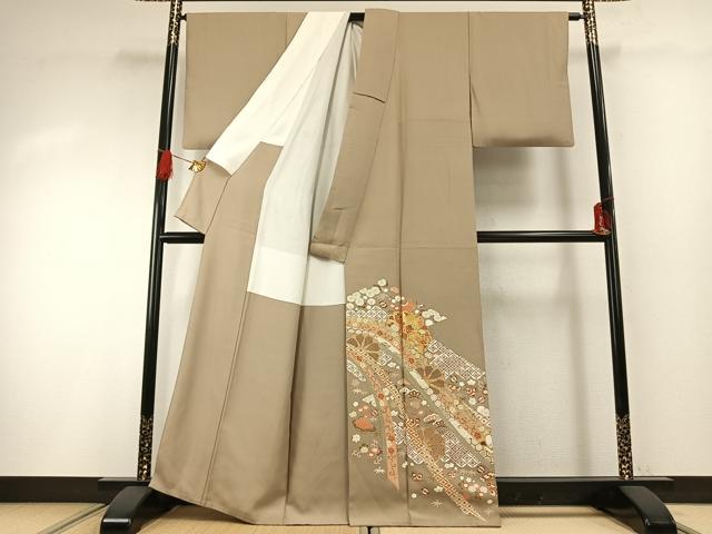 平和屋着物●豪華色留袖 友禅 駒刺繍 熨斗花文 金彩 正絹 逸品 AABG4746fy