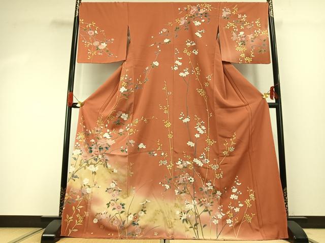 平和屋着物●訪問着 草花文 暈し染め 金銀彩 ロング丈 正絹 逸品 AABG4758fy