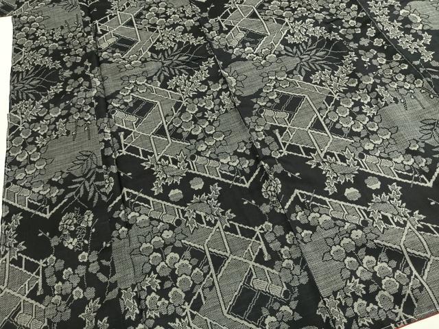 平和屋着物●本場大島紬 カタス9マルキ 草花文 黒地 正絹 逸品 未使用 AABG4787fy