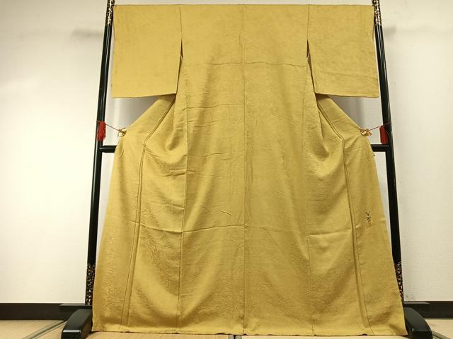 平和屋着物●上質な色無地 作家物 風景地紋 芥子色 ロング丈 正絹 逸品 AABG4799fy
