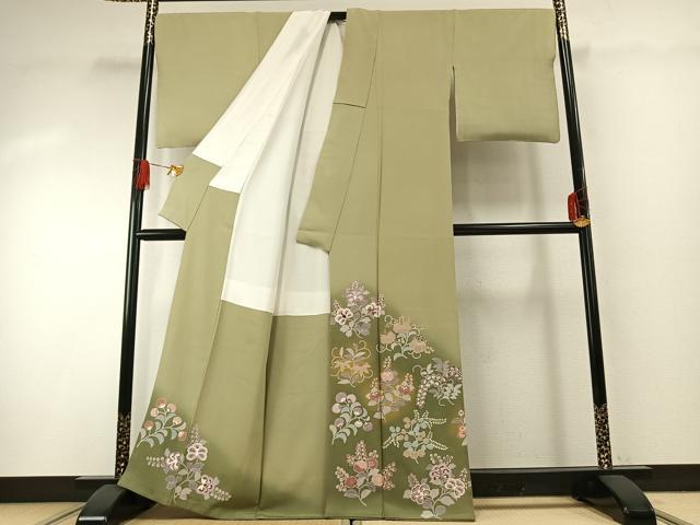 平和屋着物●豪華色留袖 友禅 駒刺繍 草花文 暈し染め 金彩 正絹 逸品 AABG4811fy