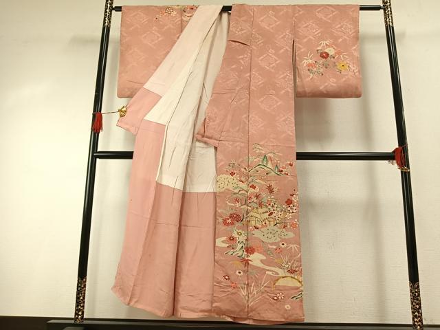 平和屋着物●アンティーク 大正ロマン 訪問着 駒刺繍 風景花文 正絹 逸品 AABG4814fy