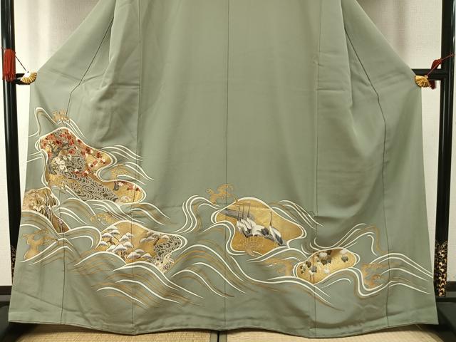 平和屋着物●豪華色留袖 友禅 駒刺繍 立波花鳥文 金彩 正絹 逸品 AABG4820fy