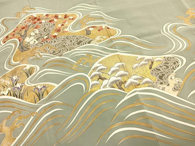 平和屋着物●豪華色留袖 友禅 駒刺繍 立波花鳥文 金彩 正絹 逸品 AABG4820fy