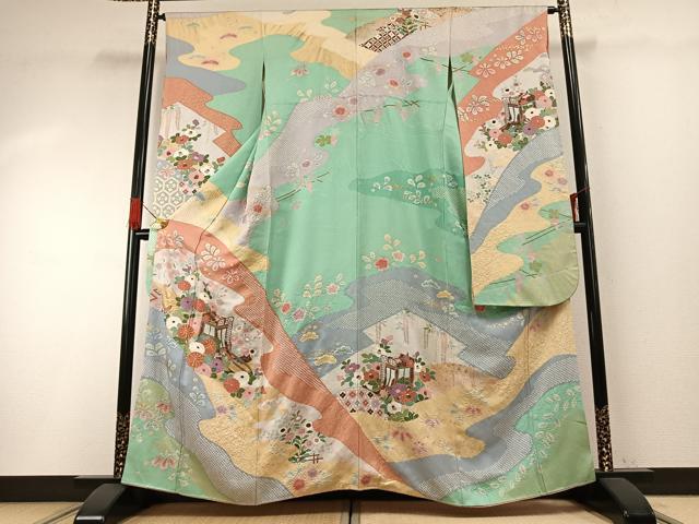 平和屋着物●豪華振袖 駒刺繍 絞り 御所車花文 金彩 正絹 逸品 AABG4826fy