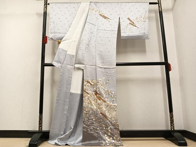 平和屋着物●訪問着 駒刺繍 舞扇花文 暈し染め 金彩 正絹 逸品 AABG4848ph
