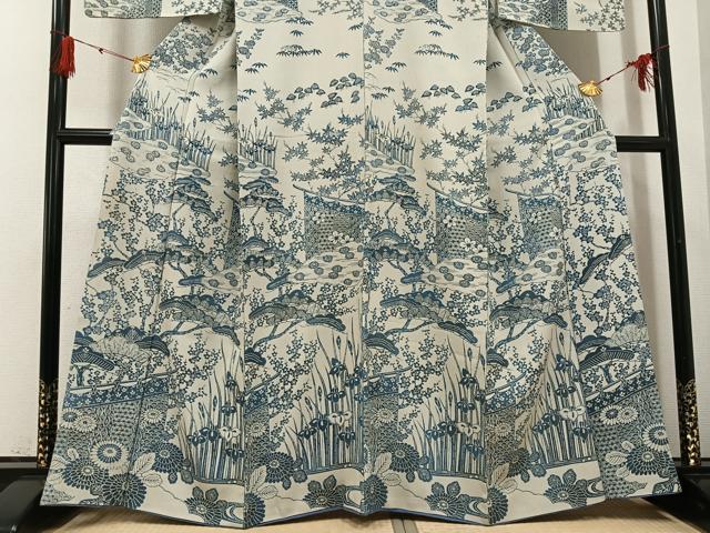 平和屋着物●訪問着 藍 型染め 草花文 正絹 逸品 AABG4871ph