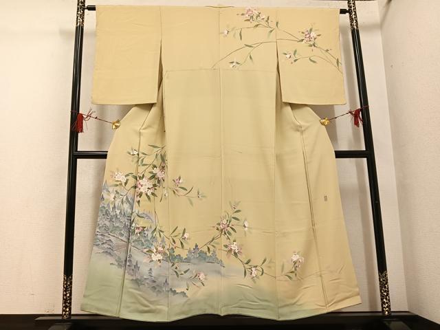 平和屋着物●十日町友禅作家 岡村蒼風 訪問着 渡橋草花文 暈し染め 正絹 逸品 AABG4872ph