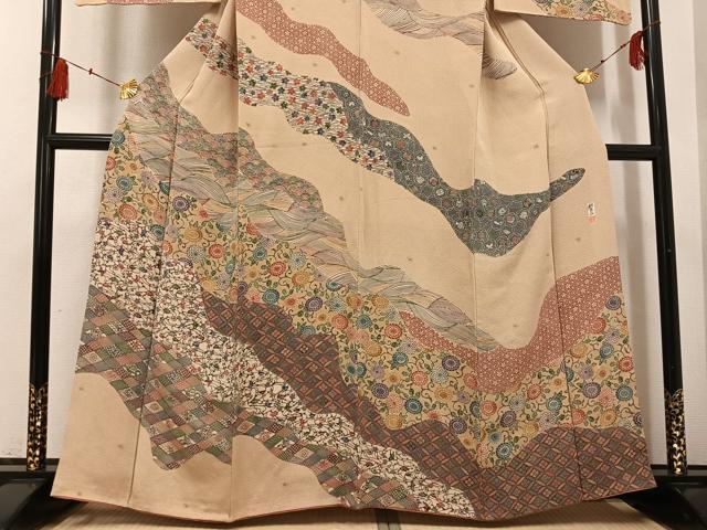 平和屋着物●西岡都巳二 紅型 訪問着 花鳥文 鬼しぼ縮緬 正絹 逸品 AABG4874ph