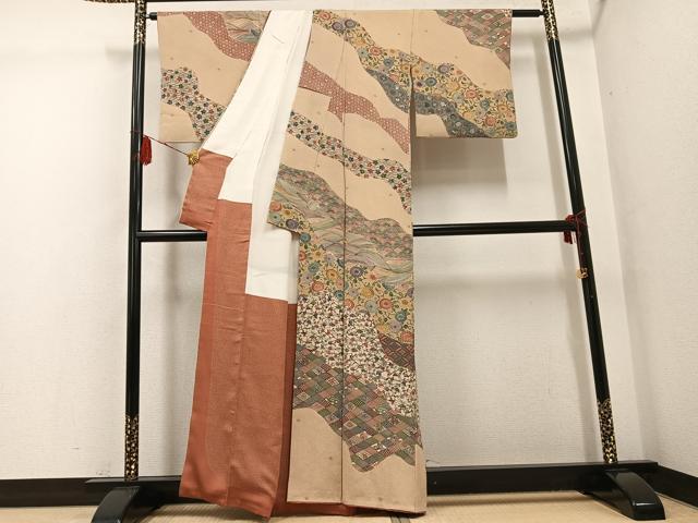 平和屋着物●西岡都巳二 紅型 訪問着 花鳥文 鬼しぼ縮緬 正絹 逸品 AABG4874ph