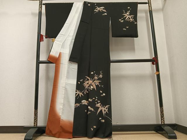 平和屋着物●訪問着 友禅 松竹梅 黒地 金彩 鬼しぼ縮緬 正絹 逸品 AABG4901ph