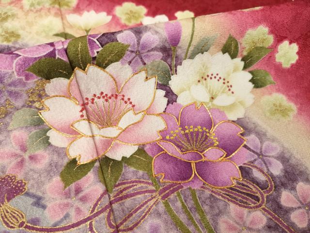 平和屋着物●豪華振袖 遠山花文 暈し染め ロング丈 正絹 逸品 AABG4923ck