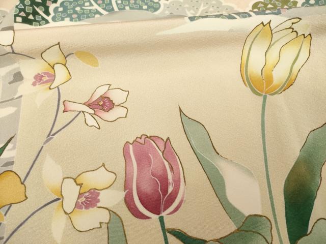 平和屋着物●訪問着 駒刺繍 草花文 金彩 正絹 逸品 AABG4934ck