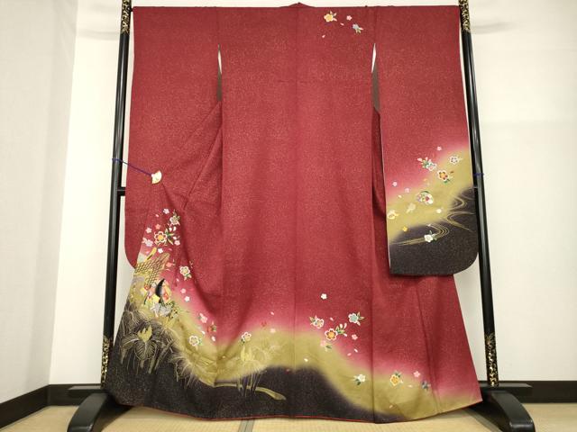 平和屋着物●豪華振袖 駒刺繍 女人御所車花文 暈し染め 金彩 正絹 逸品 AABG4940ck