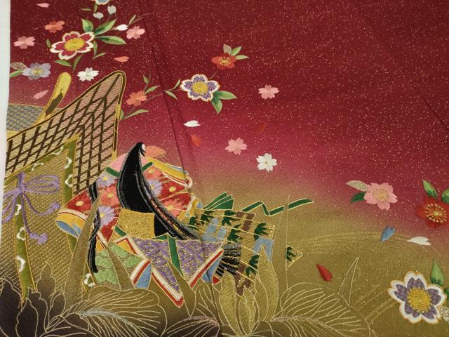 平和屋着物●豪華振袖 駒刺繍 女人御所車花文 暈し染め 金彩 正絹 逸品 AABG4940ck