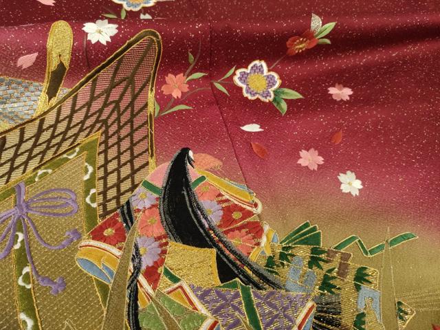 平和屋着物●豪華振袖 駒刺繍 女人御所車花文 暈し染め 金彩 正絹 逸品 AABG4940ck