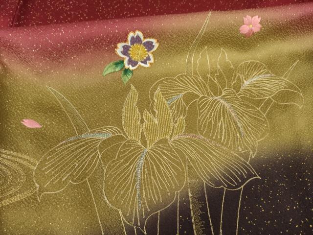 平和屋着物●豪華振袖 駒刺繍 女人御所車花文 暈し染め 金彩 正絹 逸品 AABG4940ck
