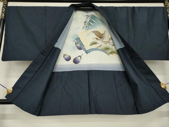 平和屋着物●男性 本場大島紬 アンサンブル 変わり格子 羽裏:一富士二鷹三茄子 正絹 逸品 AABG4952ck