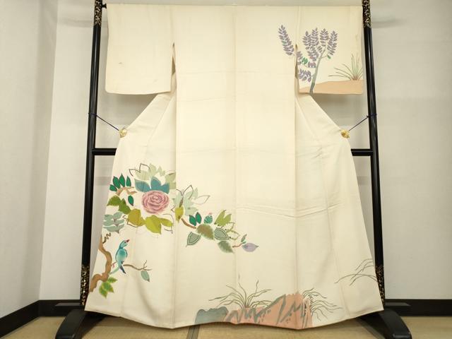 平和屋着物●訪問着 作家物 枝に休み鳥 薔薇 バラ 高島屋扱い 正絹 逸品 AABG4957ck