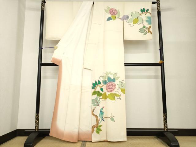 平和屋着物●訪問着 作家物 枝に休み鳥 薔薇 バラ 高島屋扱い 正絹 逸品 AABG4957ck