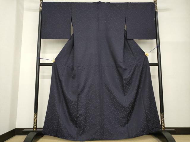 平和屋着物●お召 藍 花唐草文 青褐色 背抜き仕立て 正絹 逸品 AABG4958ck